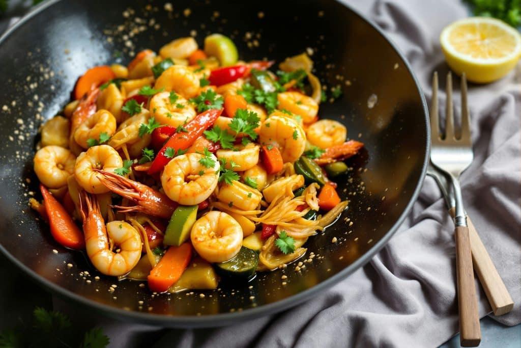 nouilles sautées aux crevettes et légumes au wok