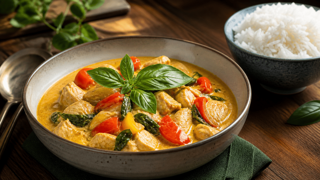 Curry thaï de poulet au lait de coco servi avec du riz