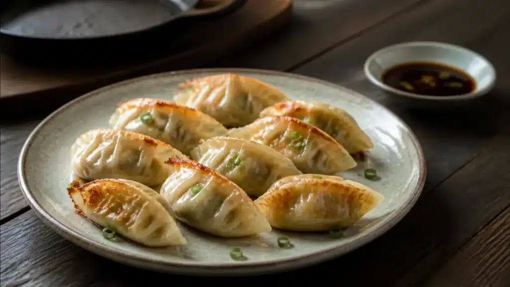 Gyoza au porc dorés à la poêle avec sauce soja et vinaigre de riz