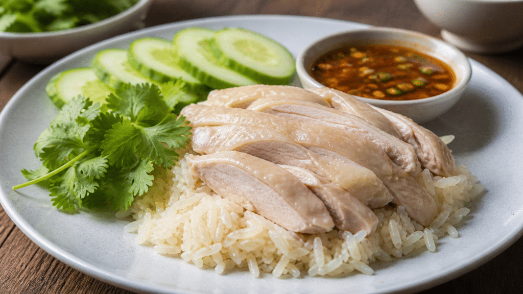 Khao man gai au poulet poché, riz parfumé et sauce thaïe