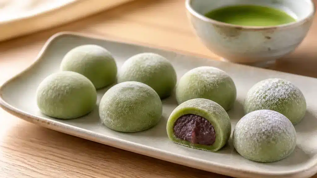 Mochis matcha fourrés à l'anko servis avec un bol de thé