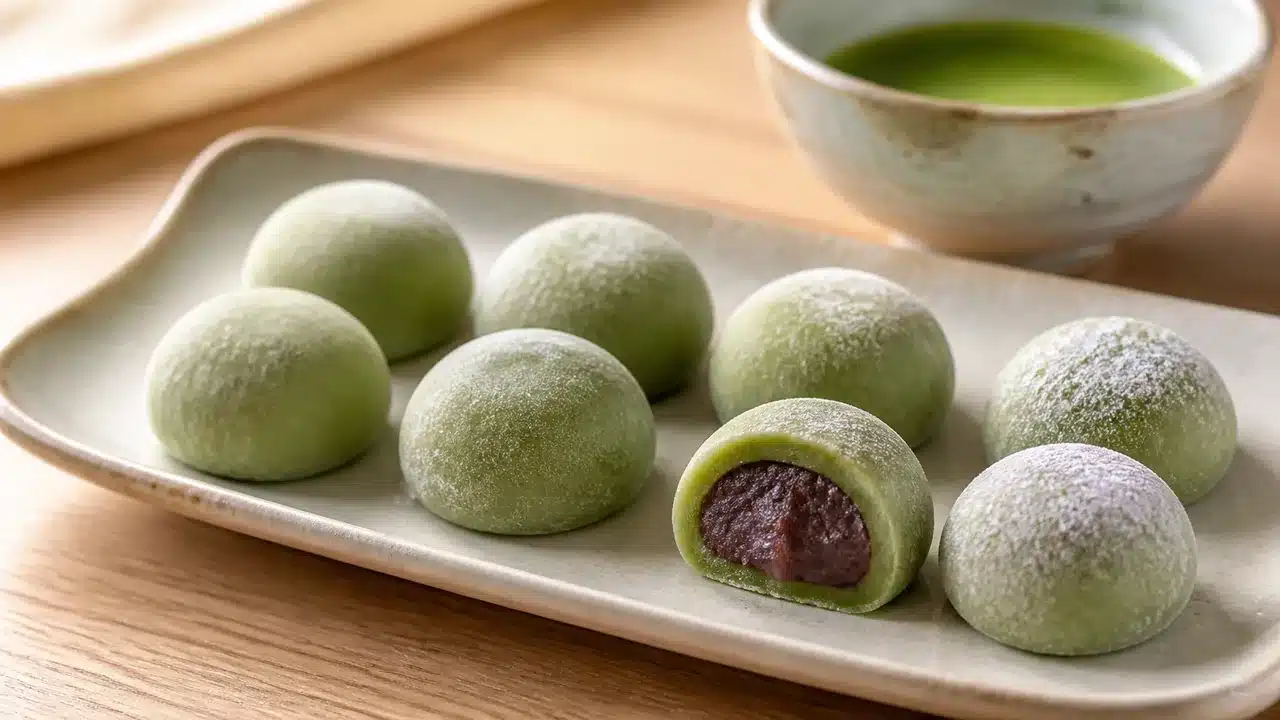 Mochis matcha fourrés à l'anko servis avec un bol de thé