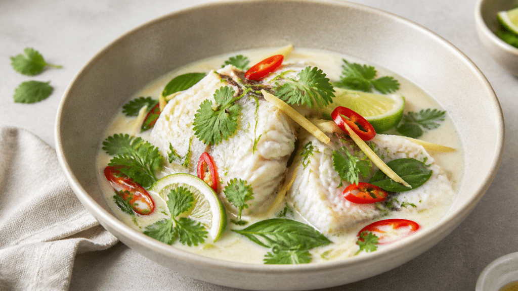 Poisson thaï au lait de coco, citron vert et herbes