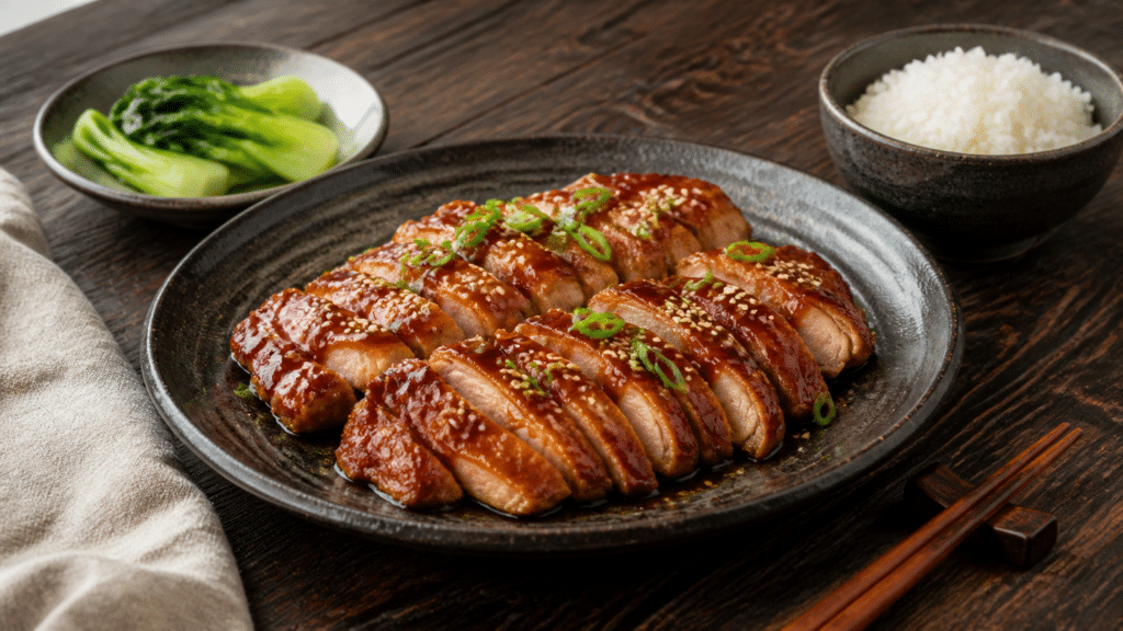 Poulet teriyaki maison laqué, servi avec du riz blanc et du pak-choï