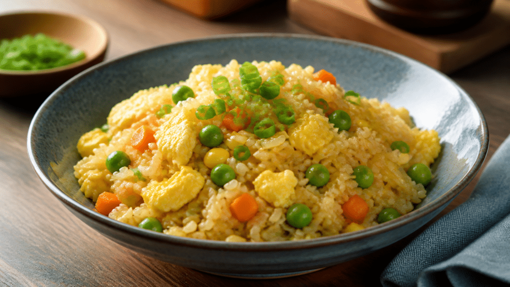 Riz sauté japonais aux œufs, petits pois et carottes