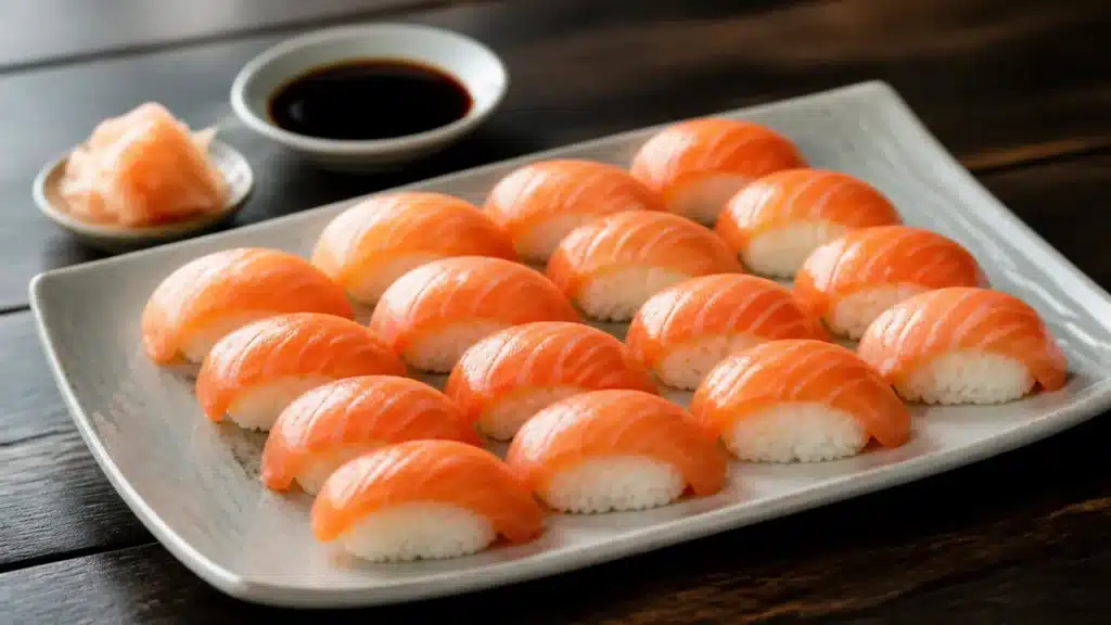 Sushis au saumon maison servis avec gingembre et sauce soja