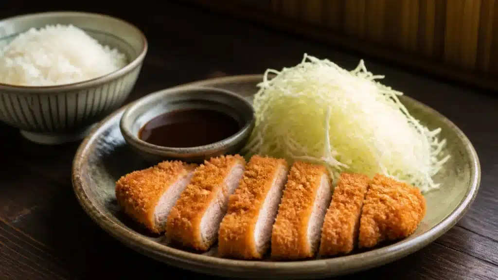 Tonkatsu japonais tranché avec chou émincé et sauce brune