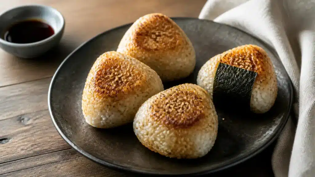 Quatre yaki onigiri grillés à la sauce soja sur une assiette